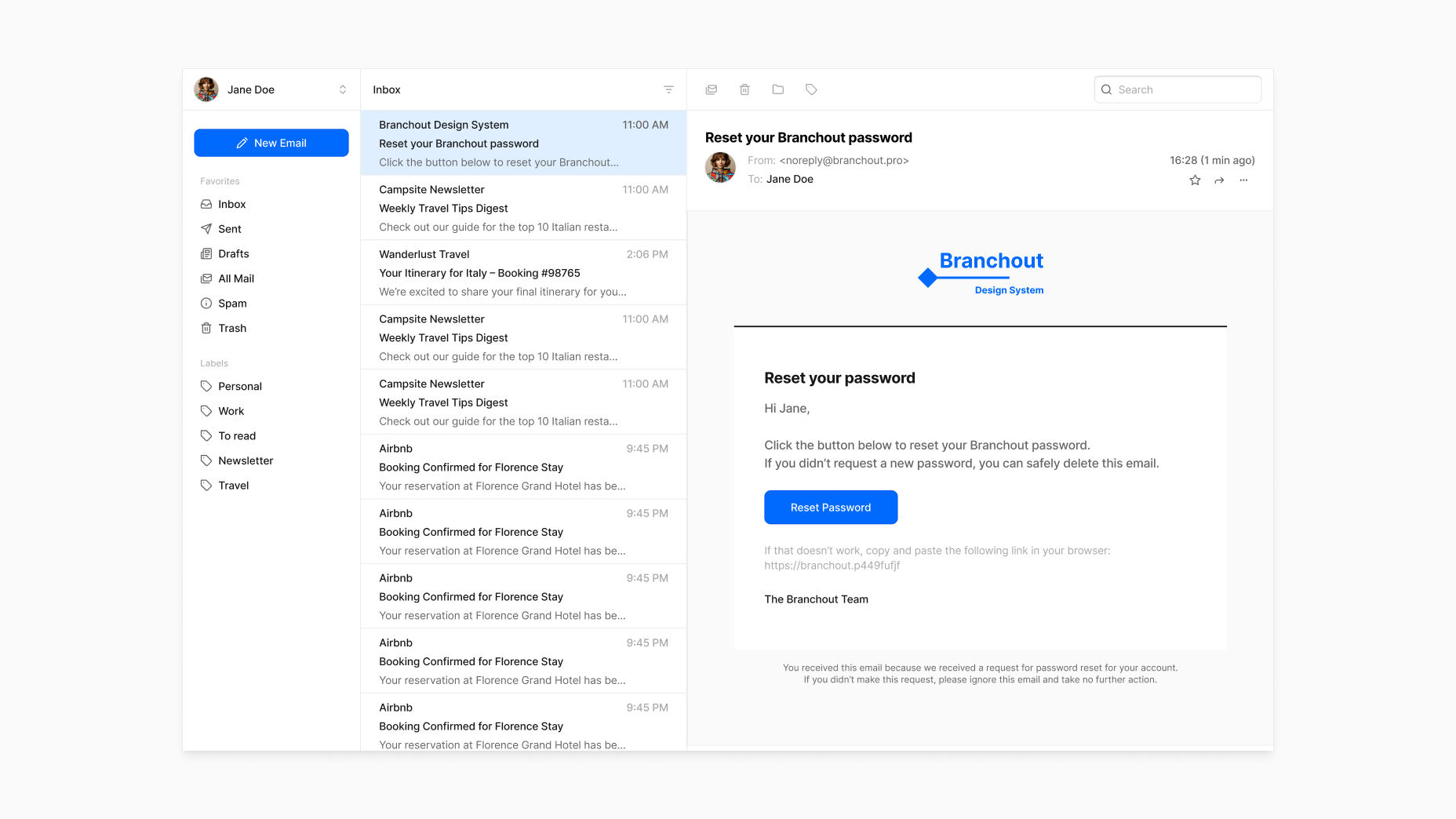 Branchout Design System Example: Email